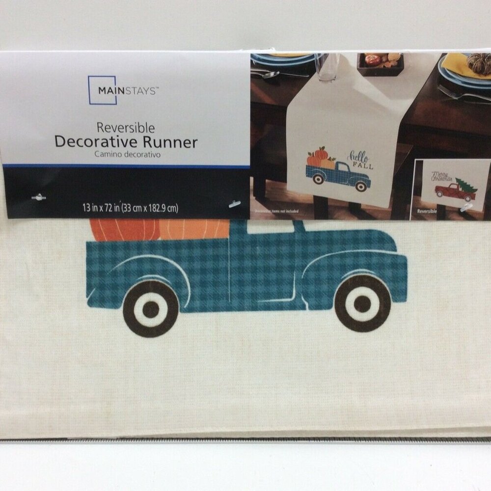 Holiday Reversible Table Runner Plaid Truck Fall Pumpkin Christmas Tree 13"x72"
